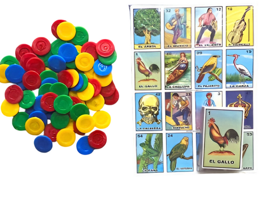 Lotería Tradicional Mexicana con fichas, billetes y monedas