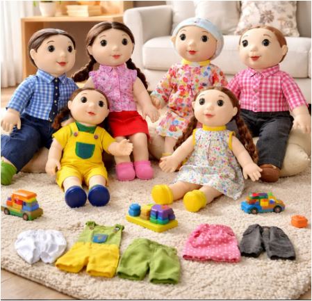 Familia muñecos sexuados 6 integrantes con caras de emociones, parches y más